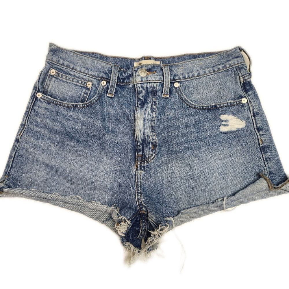 Madewell relaxed denim jean shorts, frayed hems, size 28